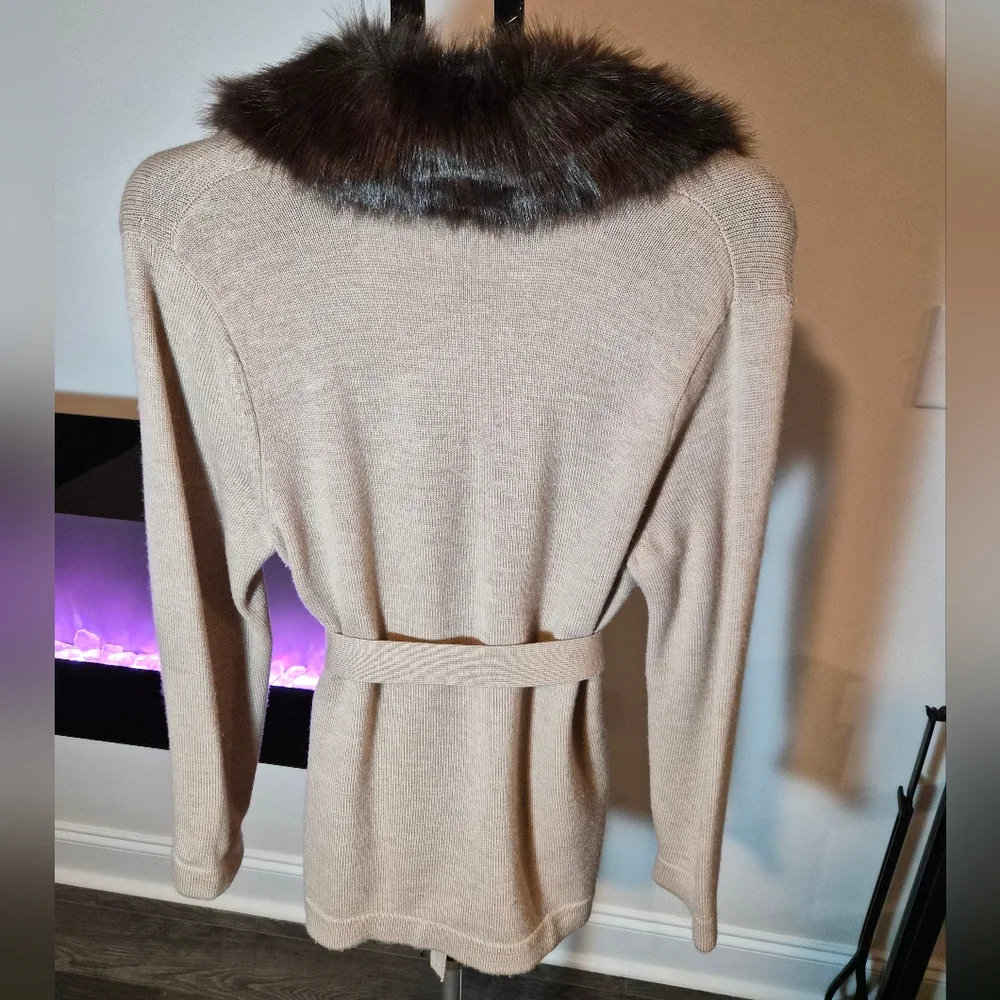 Talbots Petites 100% Merino Wool Cardigan with Faux Fur Collar LP Tan Belted - Picture 4 of 11